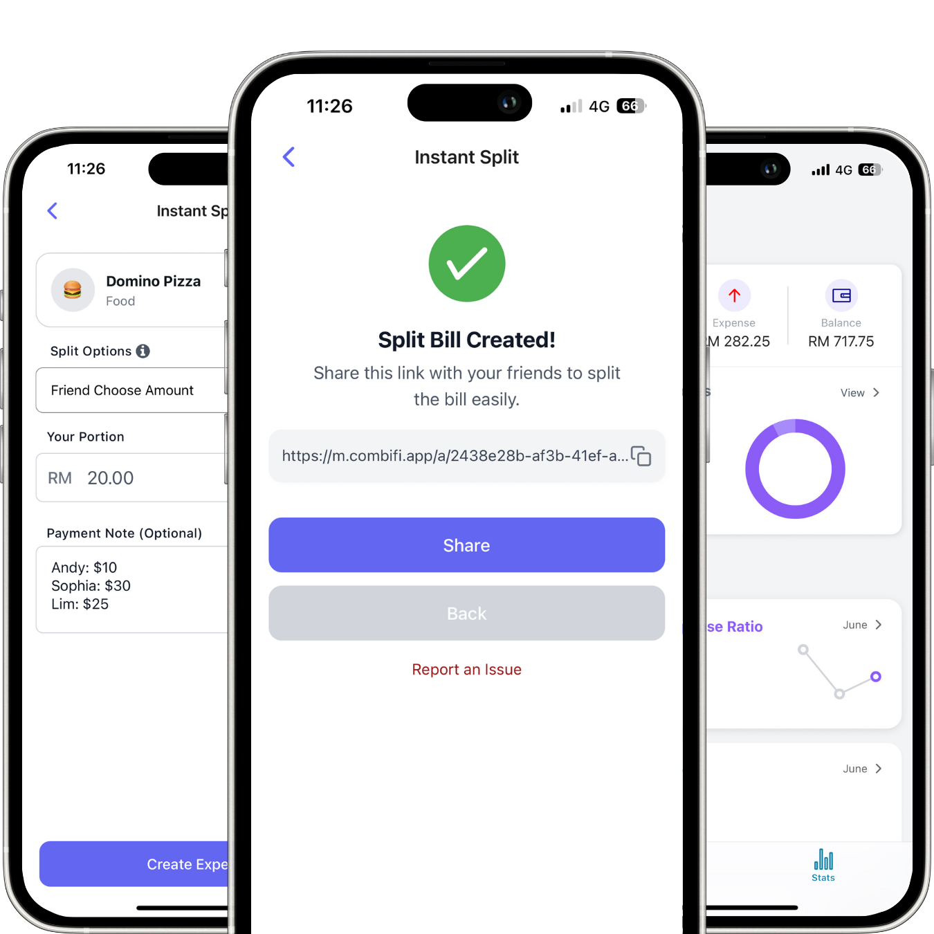 App interface showing expense tracking